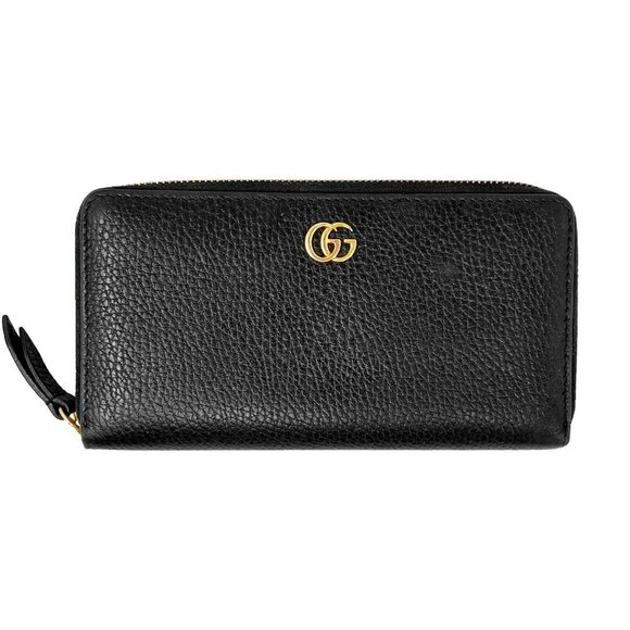 Gucci Handbags - Gucci Marmont Black Pebbled Leather Gold Logo Zip Around Wallet